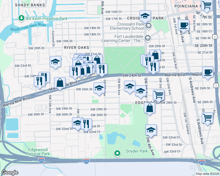 map of restaurants, bars, coffee shops, grocery stores, and more near 2600 Southwest 9th Avenue in Fort Lauderdale
