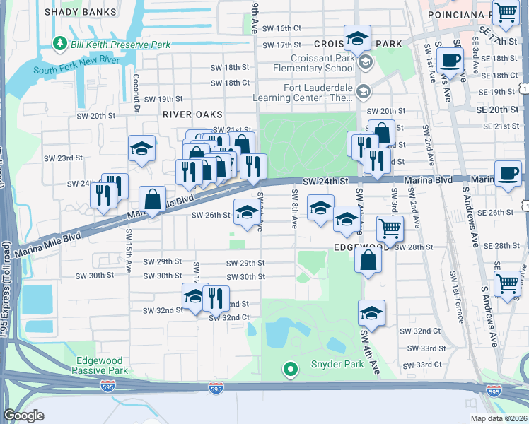 map of restaurants, bars, coffee shops, grocery stores, and more near 2600 Southwest 9th Avenue in Fort Lauderdale