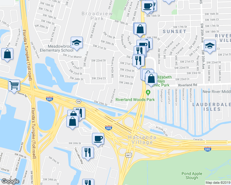 map of restaurants, bars, coffee shops, grocery stores, and more near 2406 Southwest 42nd Avenue in Fort Lauderdale