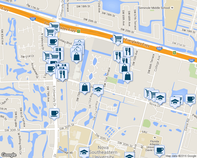 map of restaurants, bars, coffee shops, grocery stores, and more near 7196 Southwest 22nd Place in Davie