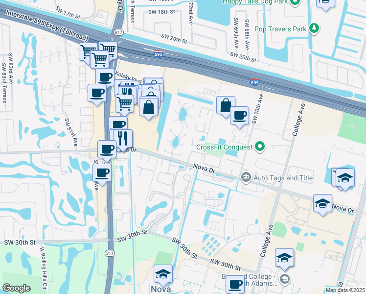 map of restaurants, bars, coffee shops, grocery stores, and more near 7196 Southwest 22nd Place in Davie