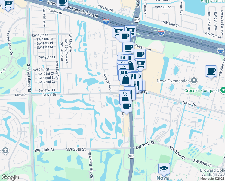 map of restaurants, bars, coffee shops, grocery stores, and more near 16 South Valencia Drive in Davie