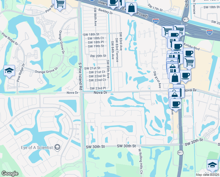 map of restaurants, bars, coffee shops, grocery stores, and more near 8540 Southwest 23rd Place in Davie