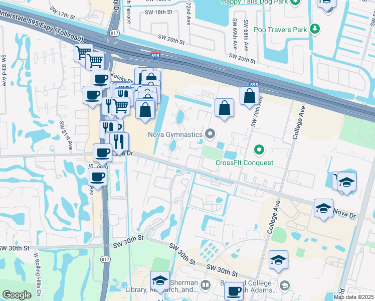 map of restaurants, bars, coffee shops, grocery stores, and more near 7196 Southwest 22nd Place in Davie