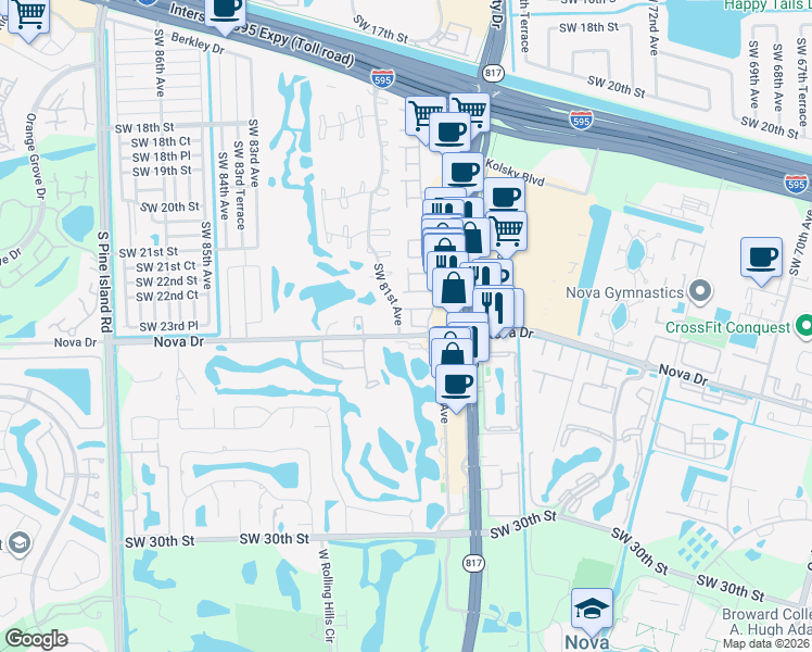 map of restaurants, bars, coffee shops, grocery stores, and more near 16 South Valencia Drive in Davie