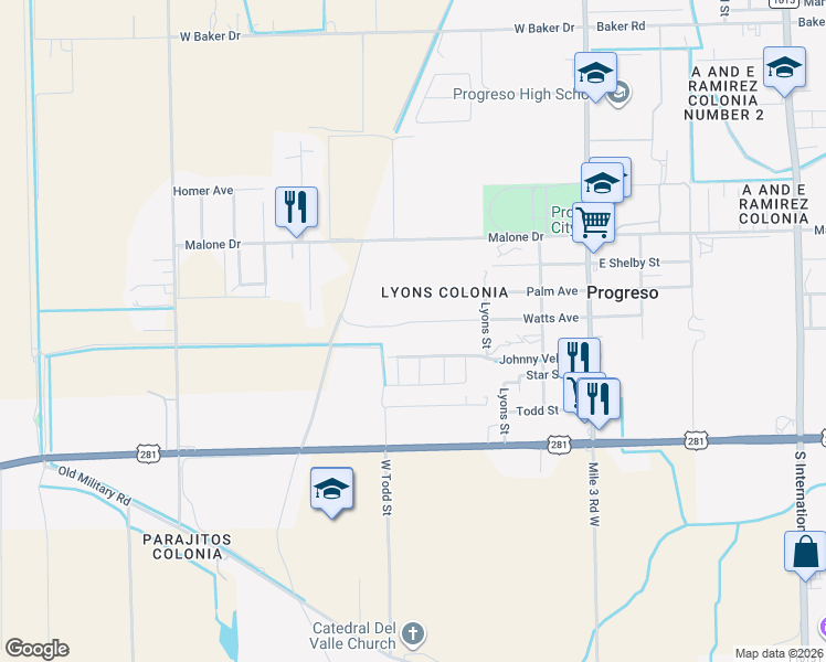 map of restaurants, bars, coffee shops, grocery stores, and more near 715 Watts Avenue in Progreso Lakes