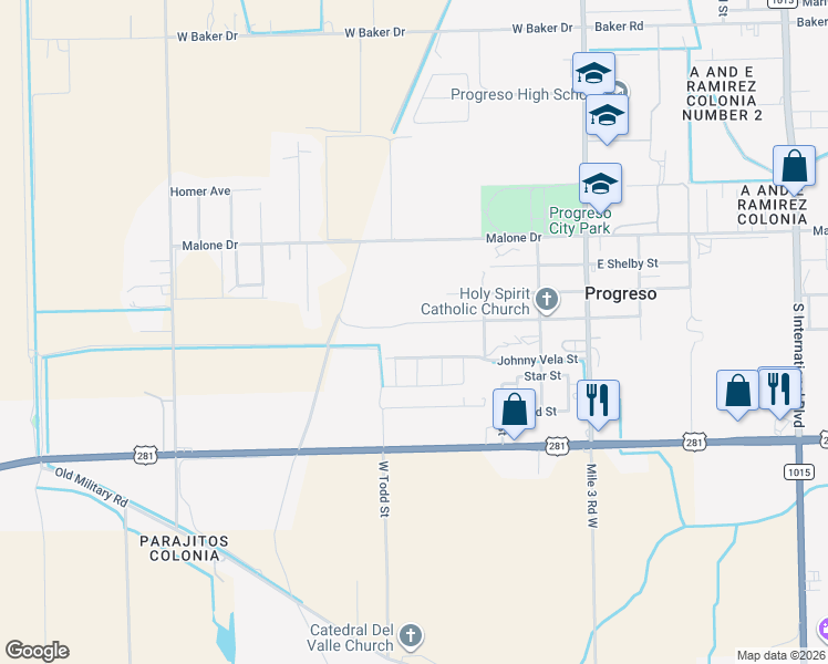 map of restaurants, bars, coffee shops, grocery stores, and more near 715 Watts Avenue in Progreso Lakes