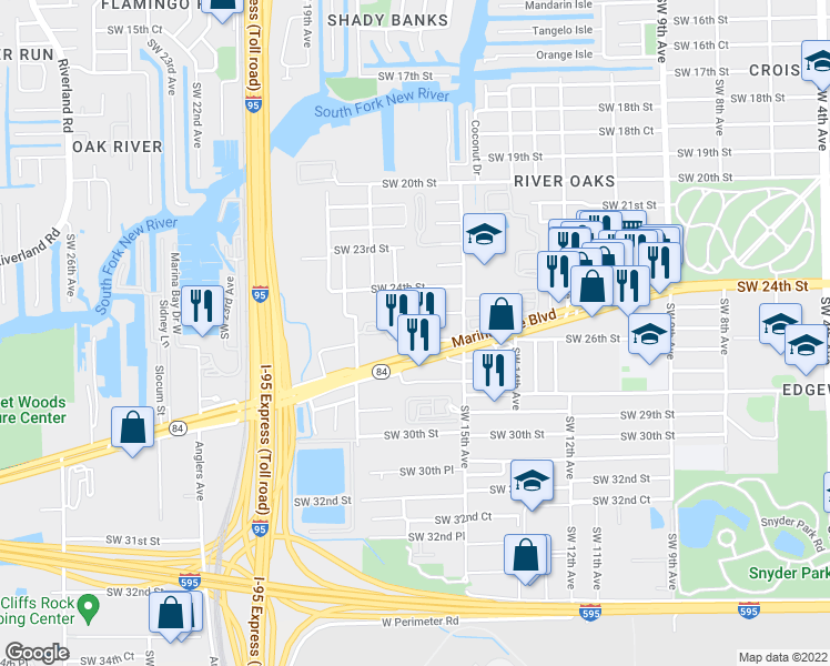 map of restaurants, bars, coffee shops, grocery stores, and more near 1611 Southwest 26th Street in Fort Lauderdale