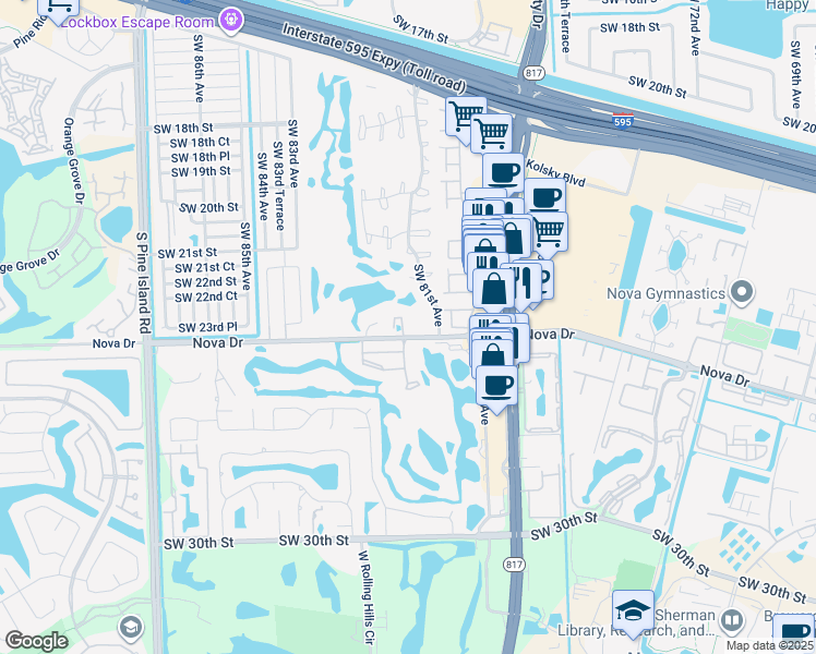 map of restaurants, bars, coffee shops, grocery stores, and more near 8113 Southwest 24th Street in Davie
