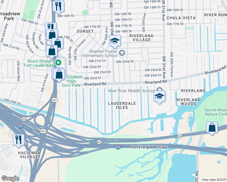 map of restaurants, bars, coffee shops, grocery stores, and more near 2425 Gulfstream Lane in Fort Lauderdale