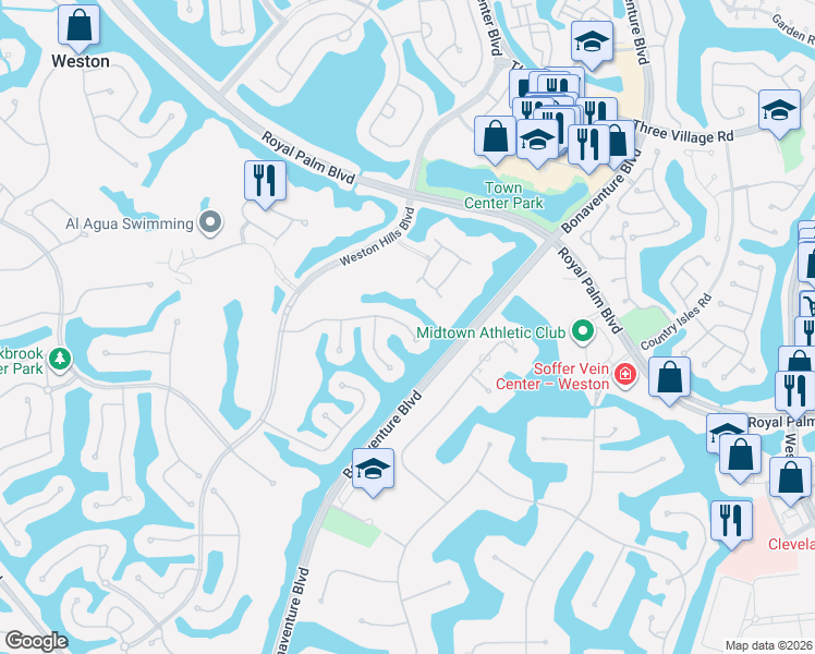 map of restaurants, bars, coffee shops, grocery stores, and more near 2682 Palmer Place in Weston