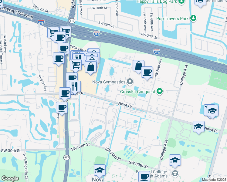 map of restaurants, bars, coffee shops, grocery stores, and more near 2236 Nova Village Drive in Davie