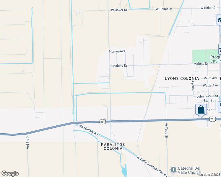 map of restaurants, bars, coffee shops, grocery stores, and more near 404 Pomelo Road in Weslaco