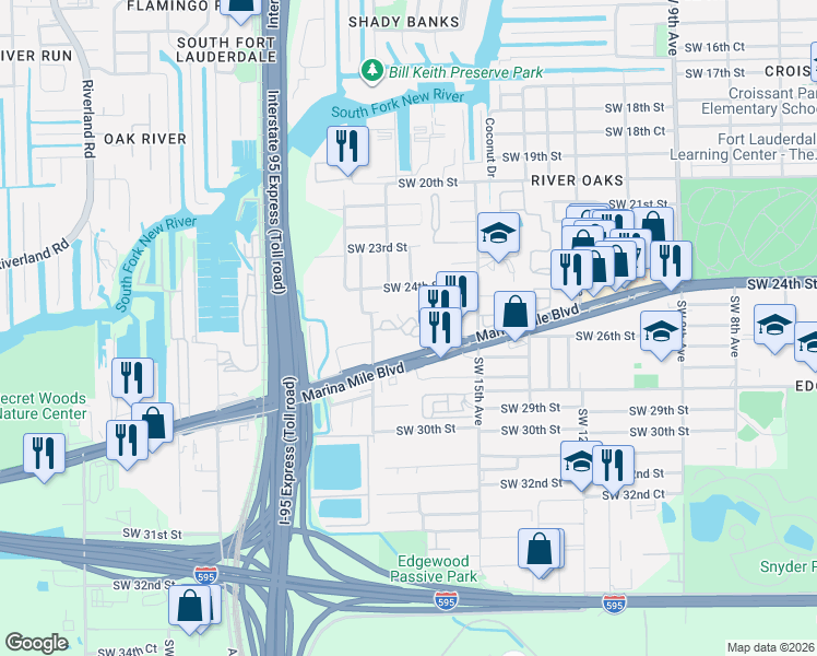 map of restaurants, bars, coffee shops, grocery stores, and more near 1611 Southwest 26th Street in Fort Lauderdale