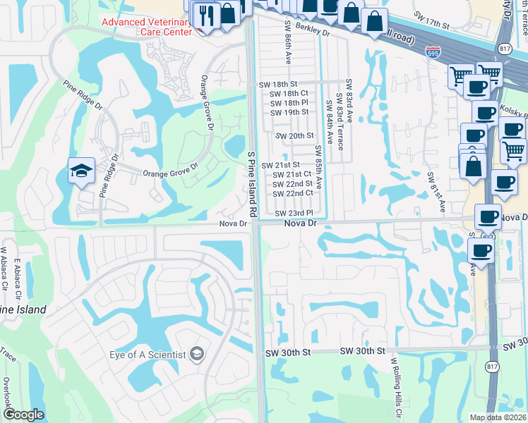 map of restaurants, bars, coffee shops, grocery stores, and more near in Davie