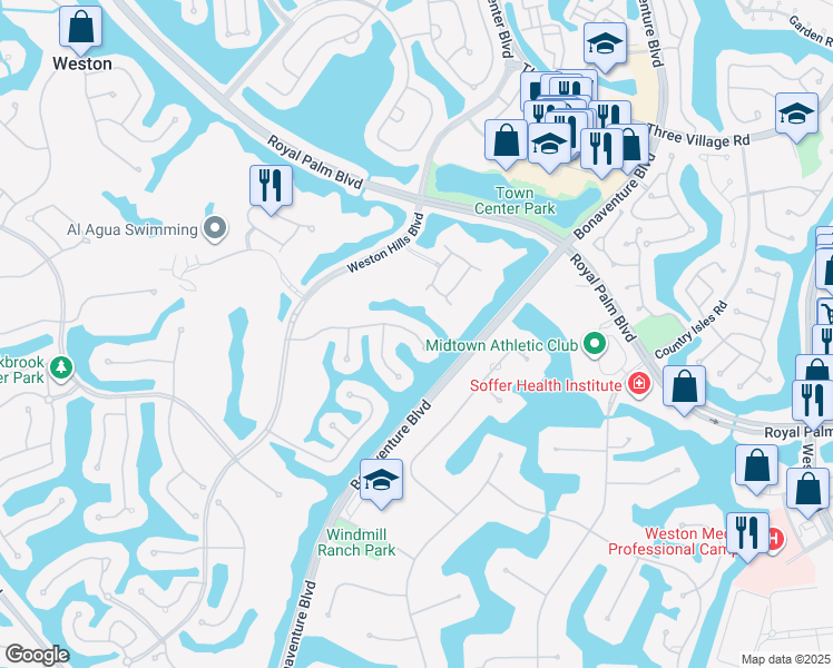 map of restaurants, bars, coffee shops, grocery stores, and more near 2682 Palmer Place in Weston