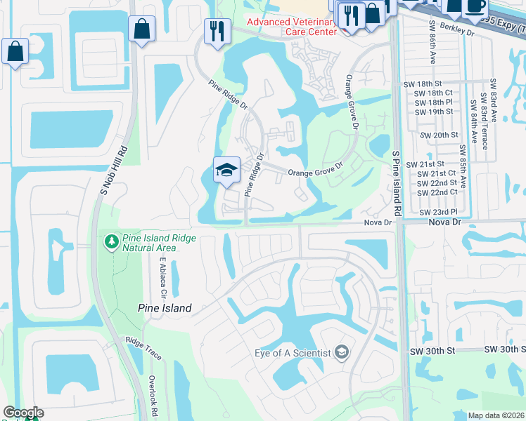 map of restaurants, bars, coffee shops, grocery stores, and more near 9340 Southwest 23rd Street in Davie