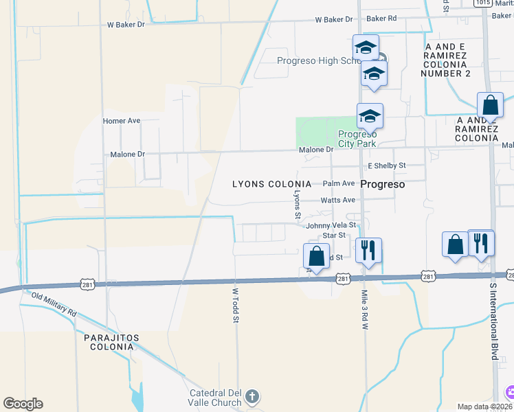 map of restaurants, bars, coffee shops, grocery stores, and more near 715 Watts Avenue in Progreso Lakes