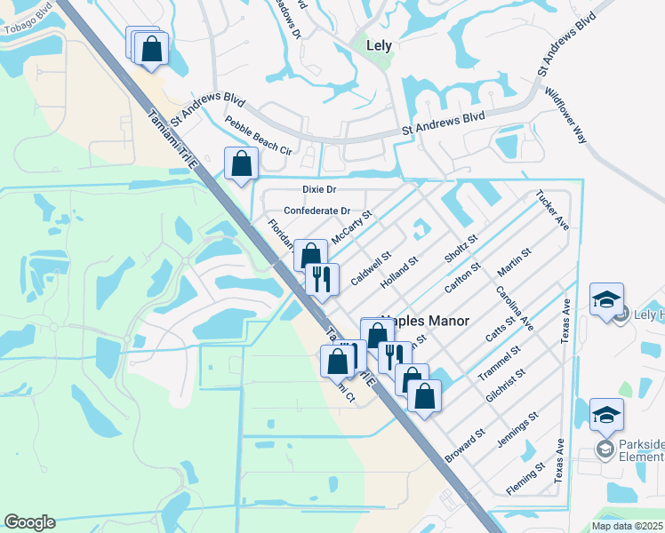 map of restaurants, bars, coffee shops, grocery stores, and more near 5217 Warren Street in Naples