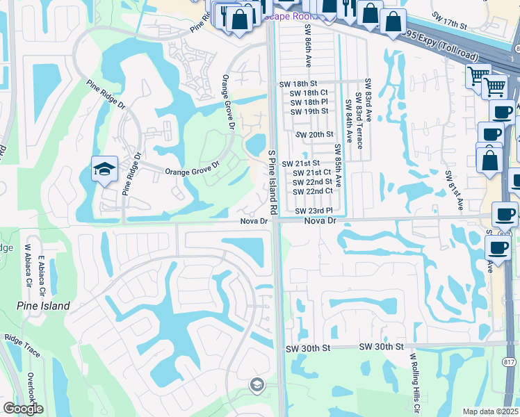 map of restaurants, bars, coffee shops, grocery stores, and more near 9156 Southwest 23rd Street in Davie