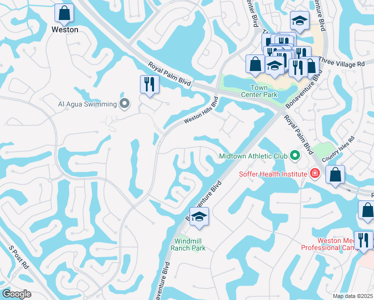map of restaurants, bars, coffee shops, grocery stores, and more near 2648 Miller Court in Weston
