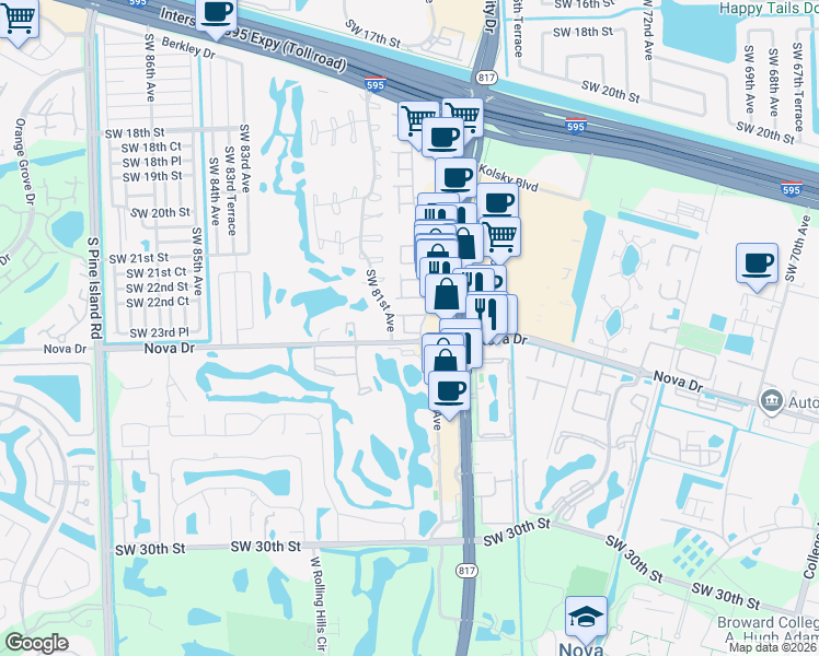 map of restaurants, bars, coffee shops, grocery stores, and more near 16 South Valencia Drive in Davie