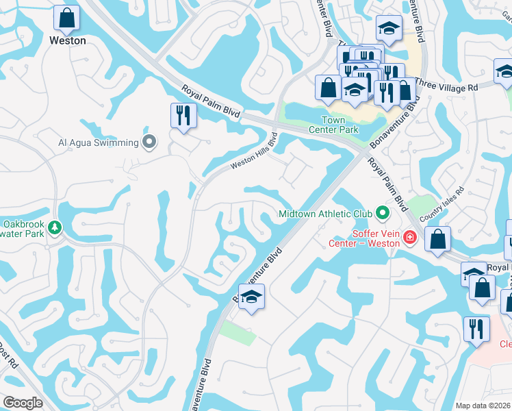 map of restaurants, bars, coffee shops, grocery stores, and more near 2665 Palmer Place in Weston
