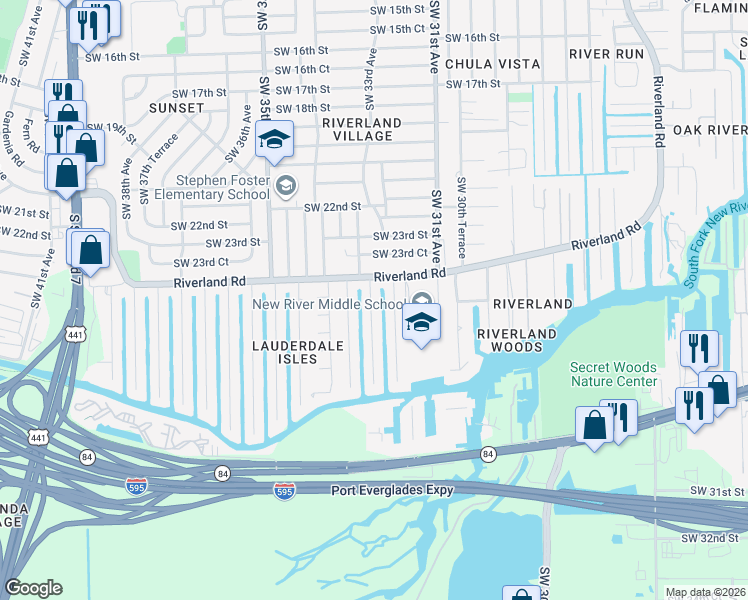 map of restaurants, bars, coffee shops, grocery stores, and more near 2418 Southwest 32nd Terrace in Fort Lauderdale
