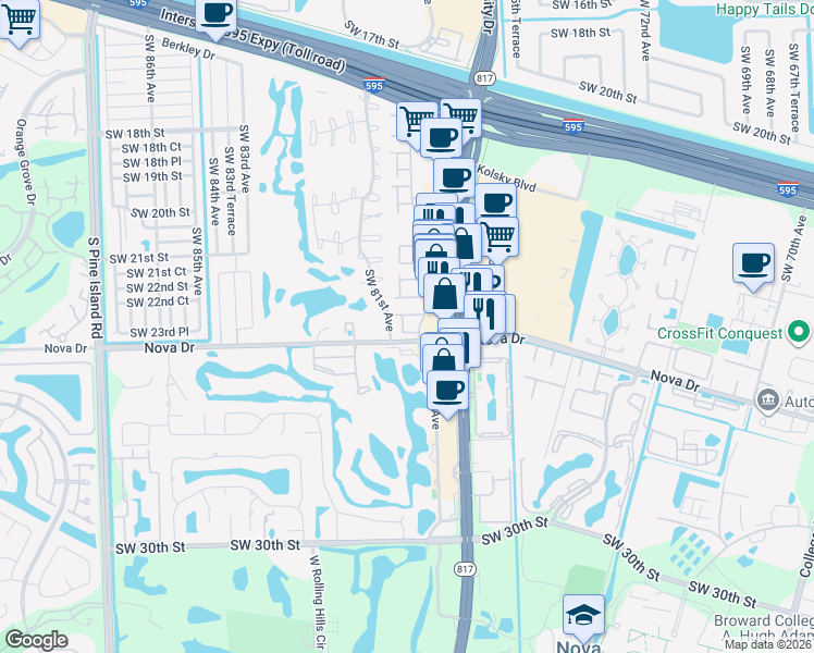 map of restaurants, bars, coffee shops, grocery stores, and more near 16 South Valencia Drive in Davie