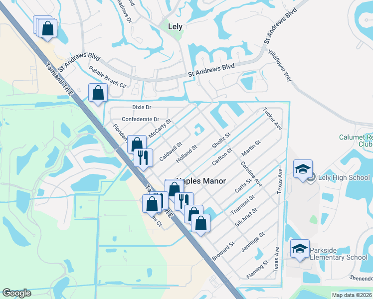 map of restaurants, bars, coffee shops, grocery stores, and more near 5313 Holland Street in Naples
