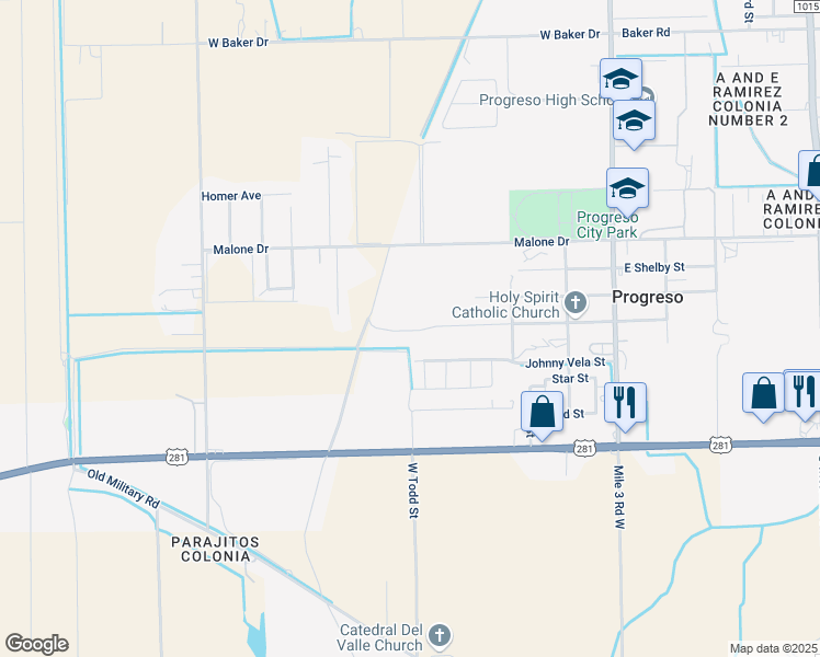 map of restaurants, bars, coffee shops, grocery stores, and more near 813 Watts Avenue in Progreso Lakes