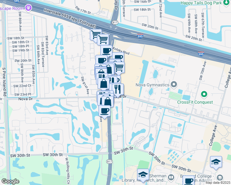 map of restaurants, bars, coffee shops, grocery stores, and more near 7701 Nova Drive in Davie