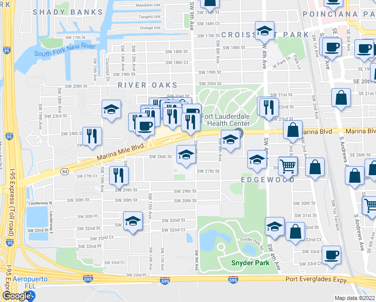 map of restaurants, bars, coffee shops, grocery stores, and more near 915 Southwest 26th Street in Fort Lauderdale
