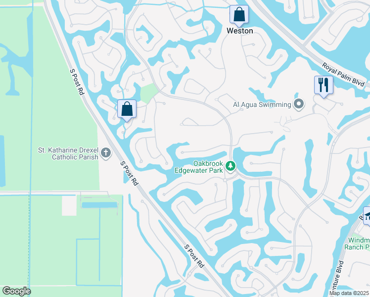 map of restaurants, bars, coffee shops, grocery stores, and more near 2587 Mayfair Lane in Weston