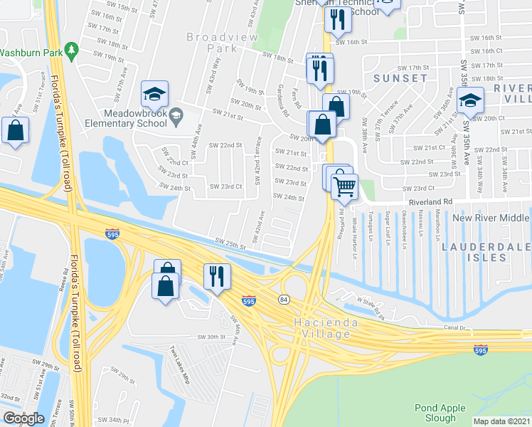 map of restaurants, bars, coffee shops, grocery stores, and more near 2406 Southwest 42nd Avenue in Fort Lauderdale
