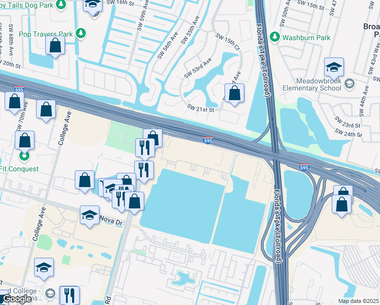 map of restaurants, bars, coffee shops, grocery stores, and more near 6120 Reese Road in Davie