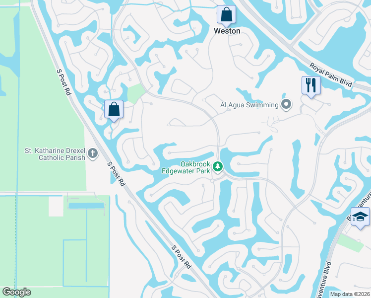 map of restaurants, bars, coffee shops, grocery stores, and more near 2574 Mayfair Lane in Weston