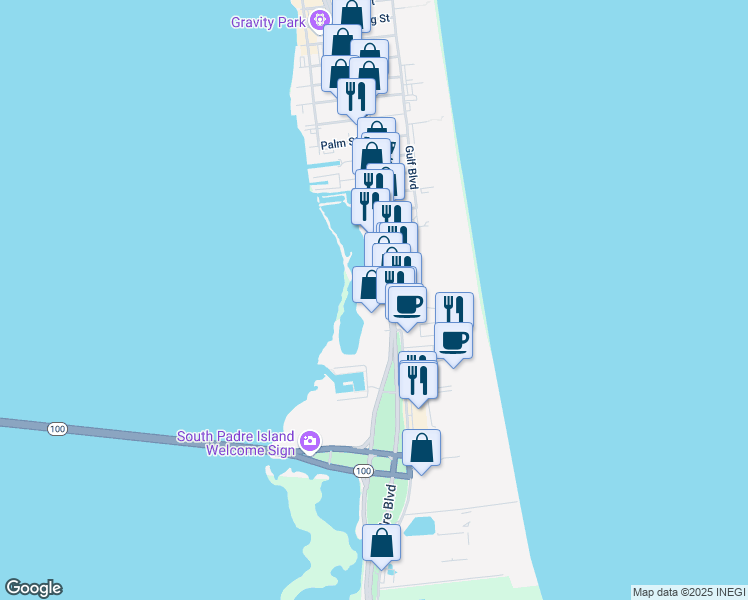 map of restaurants, bars, coffee shops, grocery stores, and more near 911 Padre Boulevard in South Padre Island