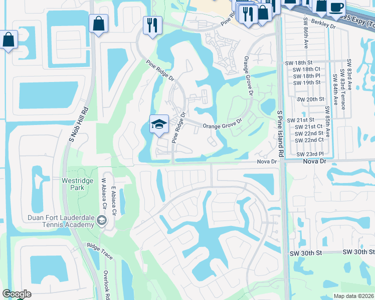 map of restaurants, bars, coffee shops, grocery stores, and more near 9340 Southwest 23rd Street in Davie