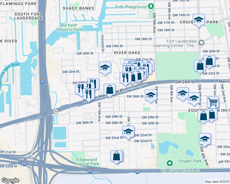 map of restaurants, bars, coffee shops, grocery stores, and more near 1381 Marina Mile Boulevard in Fort Lauderdale