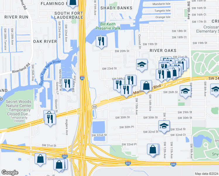 map of restaurants, bars, coffee shops, grocery stores, and more near 2550 Southwest 18th Terrace in Fort Lauderdale