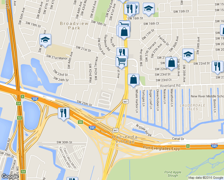 map of restaurants, bars, coffee shops, grocery stores, and more near 4120 Southwest 24th Court in Fort Lauderdale
