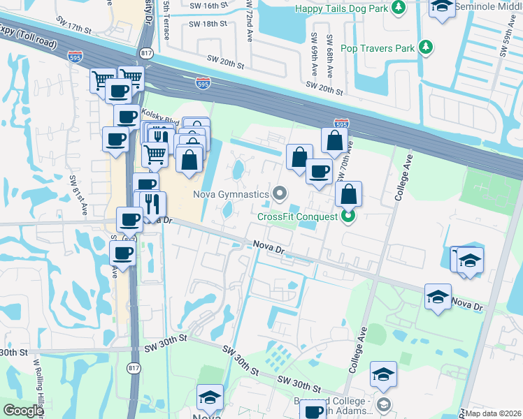 map of restaurants, bars, coffee shops, grocery stores, and more near 7167 Southwest 22nd Place in Davie