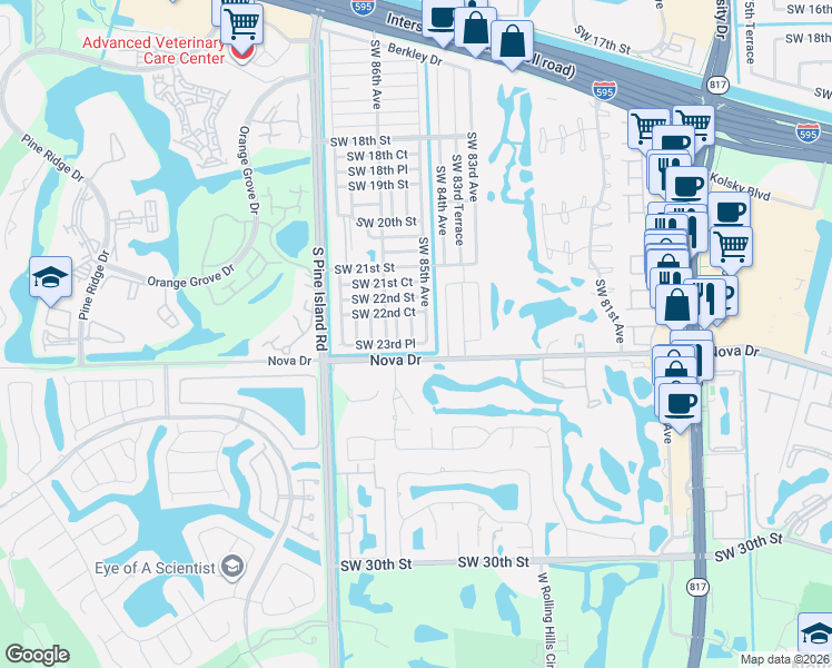 map of restaurants, bars, coffee shops, grocery stores, and more near 8540 Southwest 23rd Place in Davie