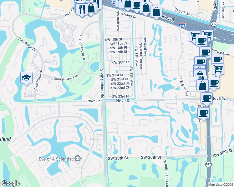 map of restaurants, bars, coffee shops, grocery stores, and more near 2340 Southwest 86th Terrace in Davie