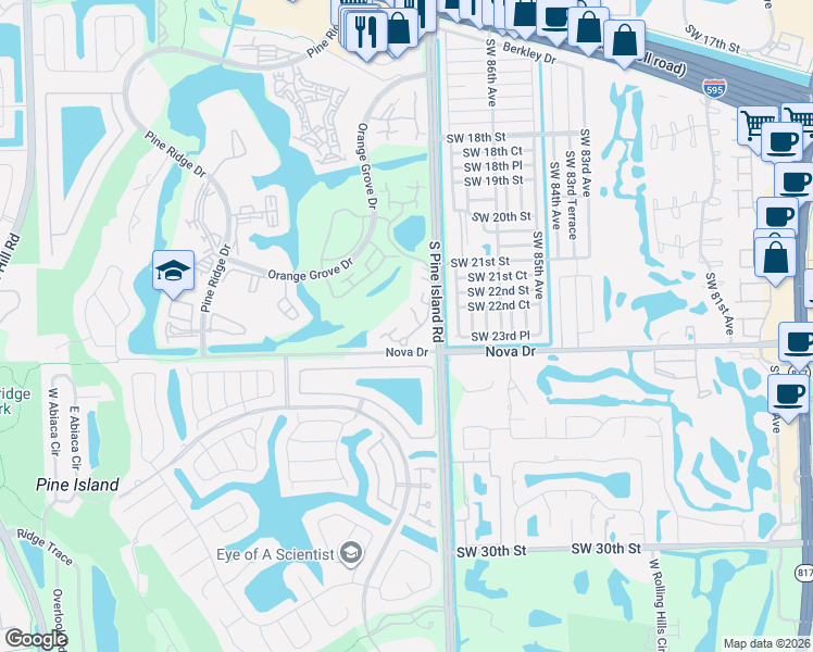 map of restaurants, bars, coffee shops, grocery stores, and more near 9156 Southwest 23rd Street in Davie