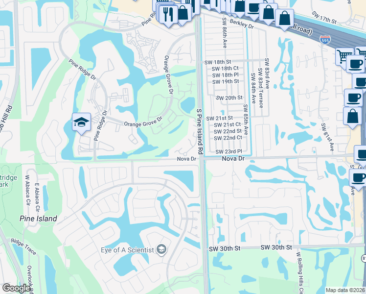 map of restaurants, bars, coffee shops, grocery stores, and more near 9156 Southwest 23rd Street in Davie