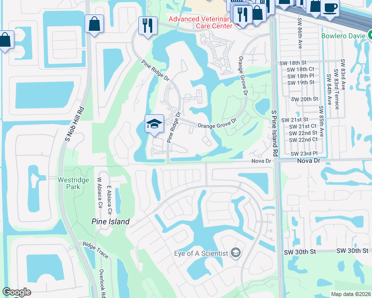 map of restaurants, bars, coffee shops, grocery stores, and more near 9340 Southwest 23rd Street in Davie