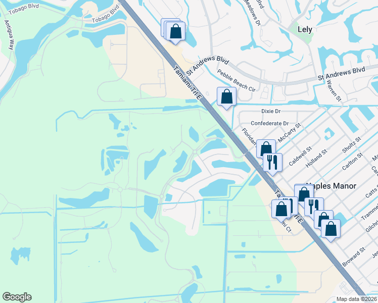 map of restaurants, bars, coffee shops, grocery stores, and more near 9201 Veneto Lane in Naples