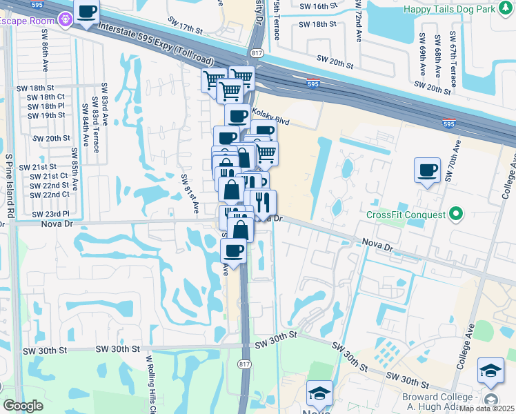 map of restaurants, bars, coffee shops, grocery stores, and more near 7701 Nova Drive in Davie